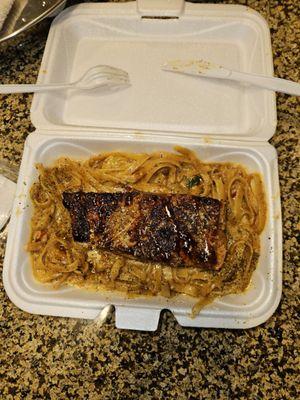 The jerk salmon and pasta.