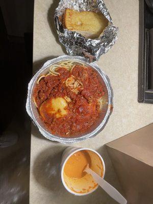 Spaghetti with meat sauce and cheese ravioli, Tomato basil soup, garlic bread.  $8 bucks