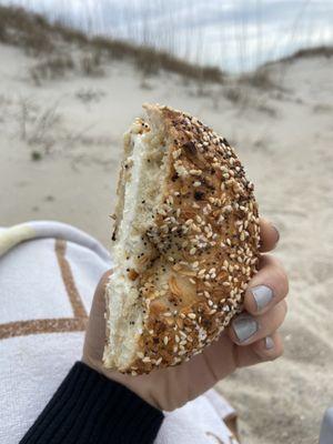 Everything bagel toasted with cream cheese mmm mmm mm