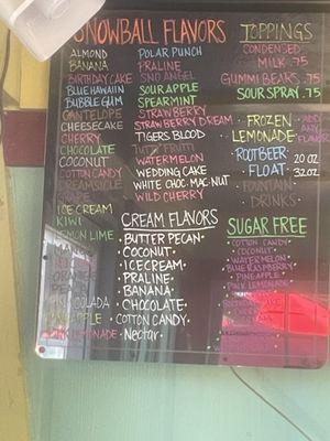 Menu for the icees and shakes