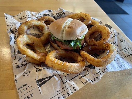 Single Burger and Onion Rings