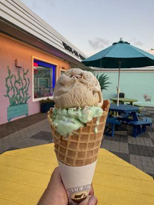 Waffle cone; 2 scoops.  Top: Moo-llennium crunch (must -try!), bottom: pistachio