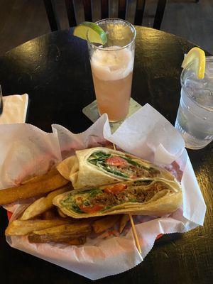 Fried Shroom Wrap with Fries, alcoholic beverage and iced water