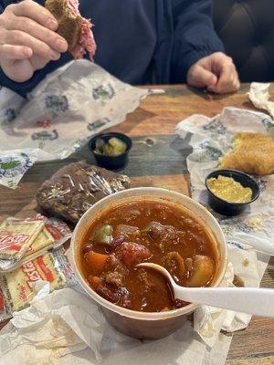 BP's chili, knish, brownie, and remains of Pastrami on Rye sandwich.