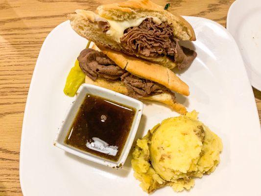 French dip sandwich and mashed potatoes