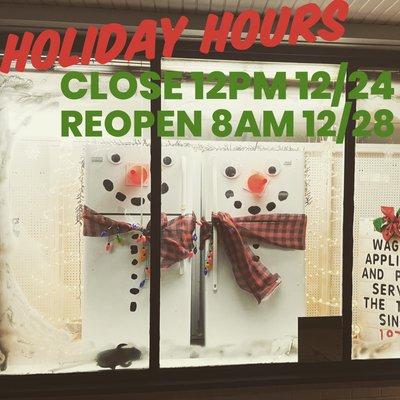 Holiday Hours

Close 12pm 12/24
Re-Open 8am 12/28