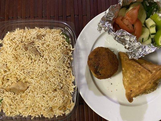 One piece Vegetable Samosa, One Piece Potato Chop, and Chicken Biryani