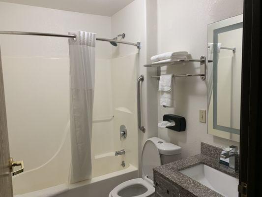 Very clean and functional, minimalist washroom .