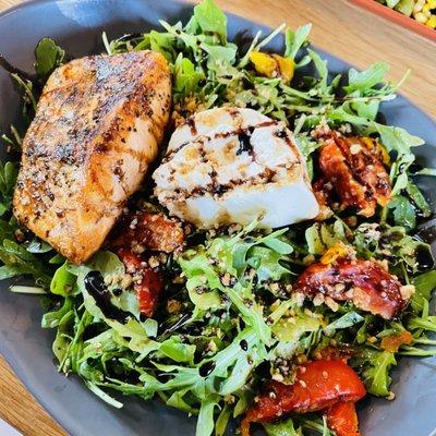 Caprese salad w/ side of salmon - those tomatoes burst w/ flavor