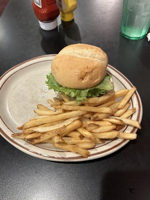 Bleu cheese burger with fries. Very good choice