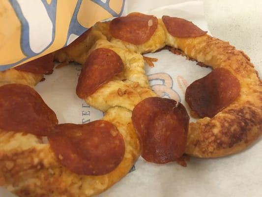 Pepperoni pretzel is great fresh out of the oven.