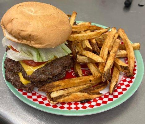 Double cheeseburger with fries - 1lb of meat.