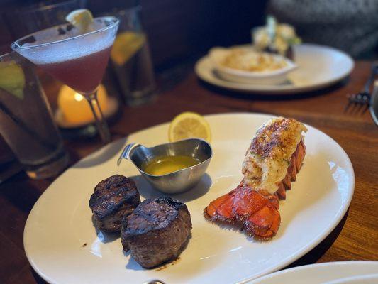 Filet medallions and lobster tail. The lobster tail was . It was broiled & buttery!