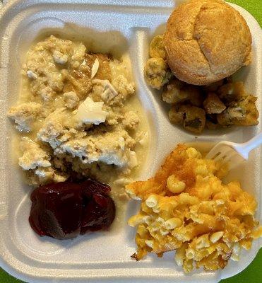 Sunday lunch! Chicken & dressing, mac & lots of cheese, fried okra, corn muffin and cranberry sauce!