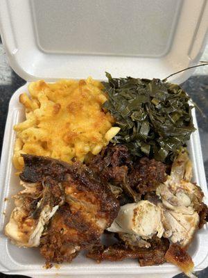 Fried bbq chicken mac & cheese and collard greens