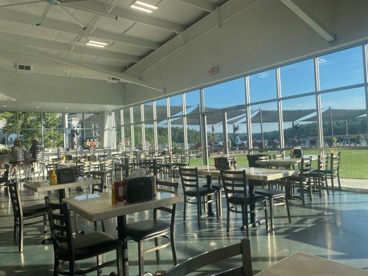 Restaurant and bar with view of patio and Smith Lake