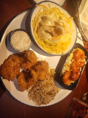 Pilaf,  Crispy Dragon Shrimp, Shrimp Linguini Alfredo, Parrot Isle Jumbo Coconut Shrimp