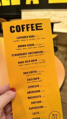 Coffee menu