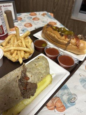 Cheese steak wrap, spicy cheese steak. Fries