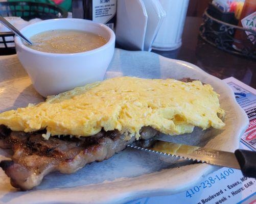 Steak and eggs with applesauce