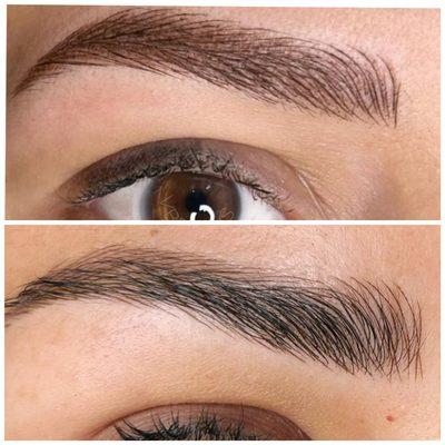 Beautiful natural microblading results on two different people...rich brown and cool black.