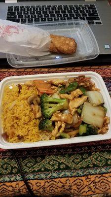 Chicken and mixed vegetables with pork fried rice and pork spring roll