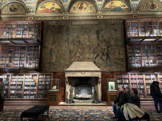 Enormous fireplace and tapestry in the Library