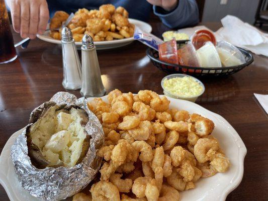 Lunch special was $9.95 and I got all this shrimp, baked potato, slaw and 3 large hushpuppies