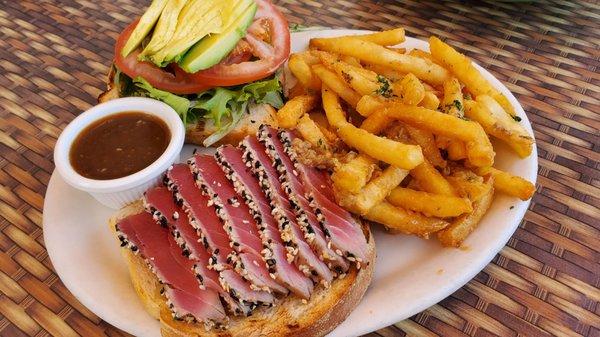 Ahi sandwich with garlic fries for $17.45