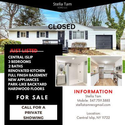 Central Islip 3bds 2baths closed!