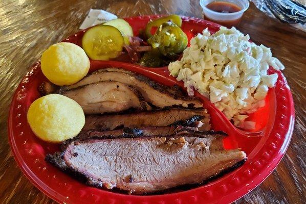 Sliced brisket & smoked pepper belly w/coleslaw.