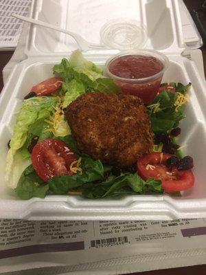 Crab cake salad $11.  Dressing is inedible.