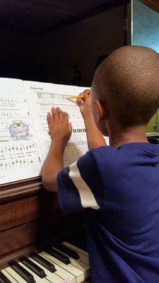 This 5 year old Piano student is learning to identify the keys on the piano during this lesson.