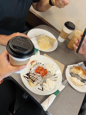 Ham & Cheese Crepe (Top Left) Strawberry Nutella (Middle) Bagel & Cream Cheese (Far Right)