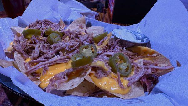 Pork Nachos - Pork has good flavor, but they needed some bbq sauce added.