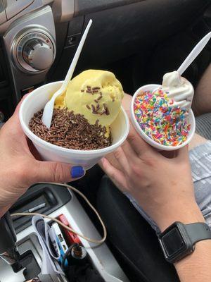 Banana ice cream with chocolate sprinkles.  Vanilla chocolate twist with rainbow sprinkles.  Both were very good!