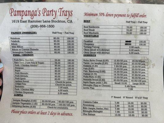 Party tray menu