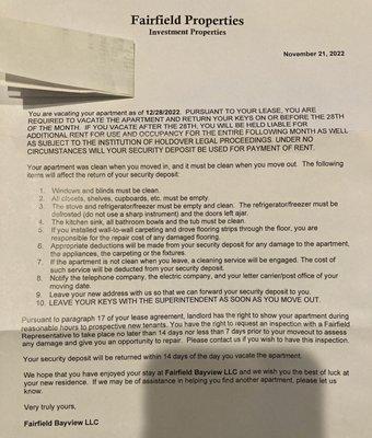 Lease ends on 12/31/22. 2 years there and nothing now but threats. Stay Away!