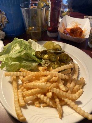 Cheese burger with jalapeños, crispy Kringle fries, first rate!