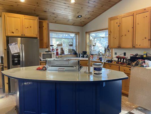 Kitchen island painting Tahoe blue