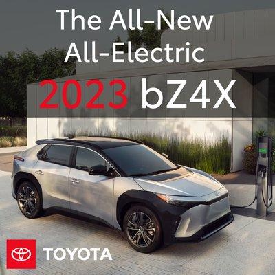 Introducing the ALL new ALL Electric 2023 Toyota BZ4X, that's right, this car is 100% electric.