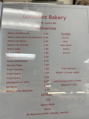 Menu for tacos, tortillas, and biscuits!