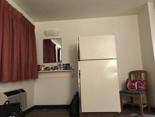 FULL size fridge and vanity area in the corner