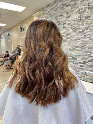 Layered haircut and Caramel balayage