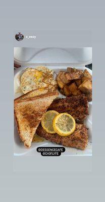 Fresh lemon pepper salmon shyfries home potatoes fried egg and toast