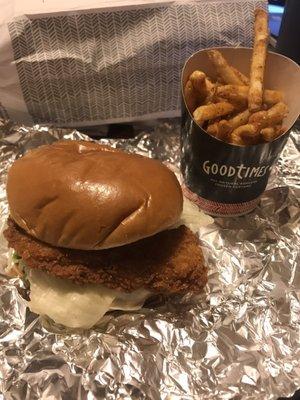 Crispy chicken sandwich and wild fries