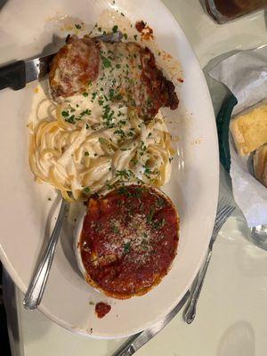 Trifecta lasagna fettuccine Alfredo and chicken Parmesan VERY GOOD!!