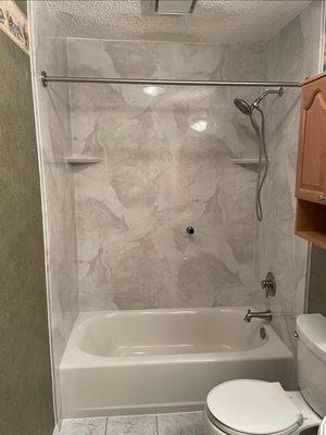 High Tech Polymer (Acrylic) Tub/Shower System, Silver White Marble Smooth