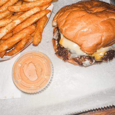 Gooey garlic with rip fries and Mac's special sauce