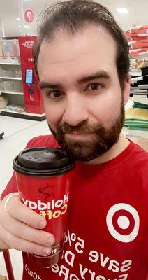 Former employee drinking some Holiday coffee